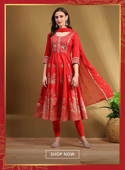 Red Floral Printed Festive Anarkali Suit Set