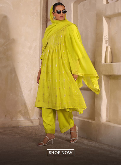 Lime Green Silk Printed Gathered Suit Set