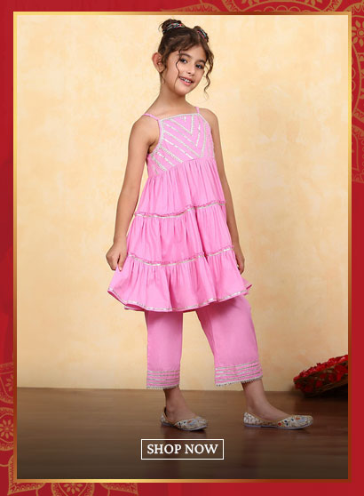 Pink Cotton Dyed Tiered Kurta Pants Set