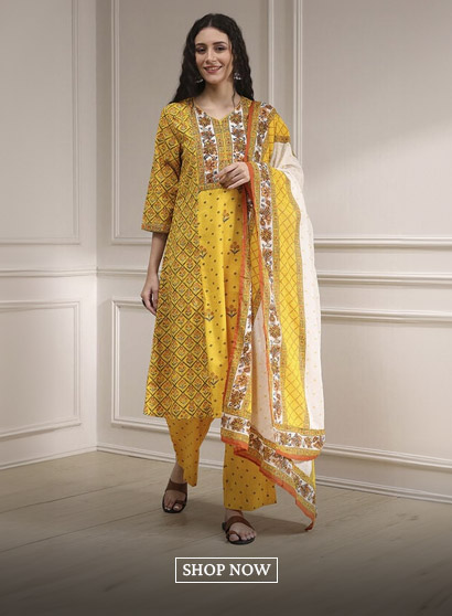 Yellow Cotton Printed A-Line Suit Set