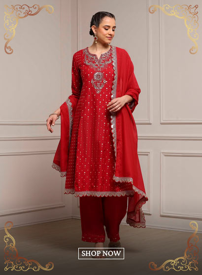 Red Cotton A-Line Yarndyed Suit Set