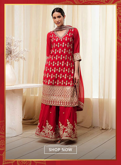 Red Embroidered Straight Suit Set