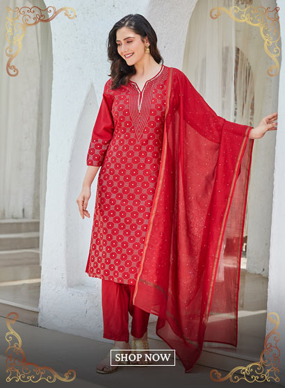Red Yard-Dyed Chanderi Kurta & Pants Suit Set