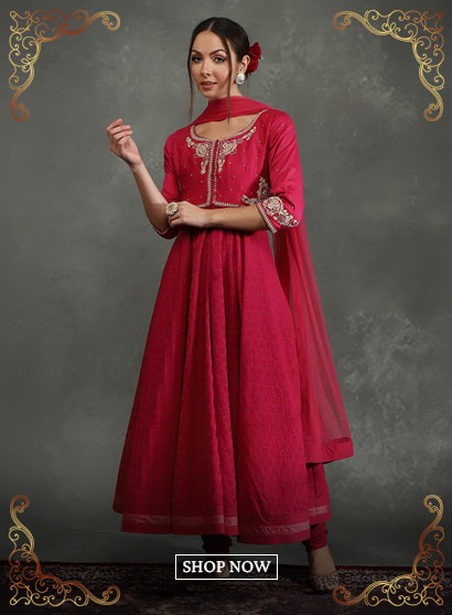 Rohit Bal Pink Silk Chanderi Floral Anarkali Suit Set