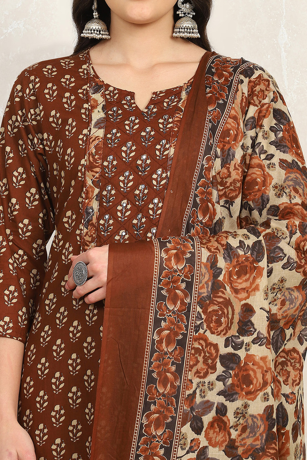 Rust Cotton Unstitched Suit Set image number 2