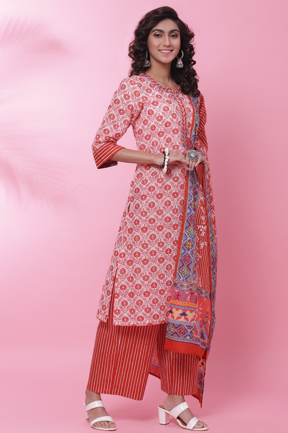 Red Cotton Straight Kurta Palazzo Suit Set image number 6