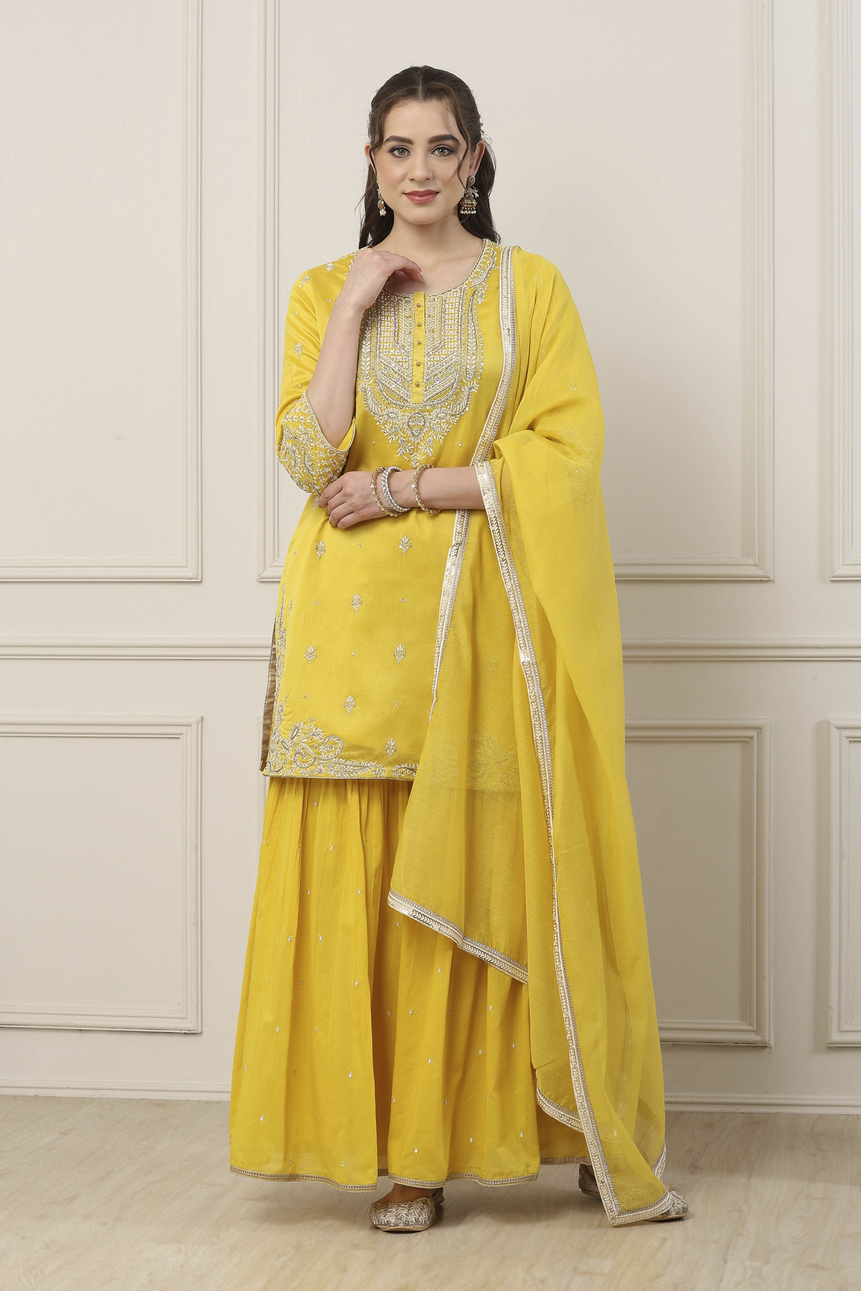 Yellow Silk Chanderi Sequin Embroidered Straight Suit Set image number 0