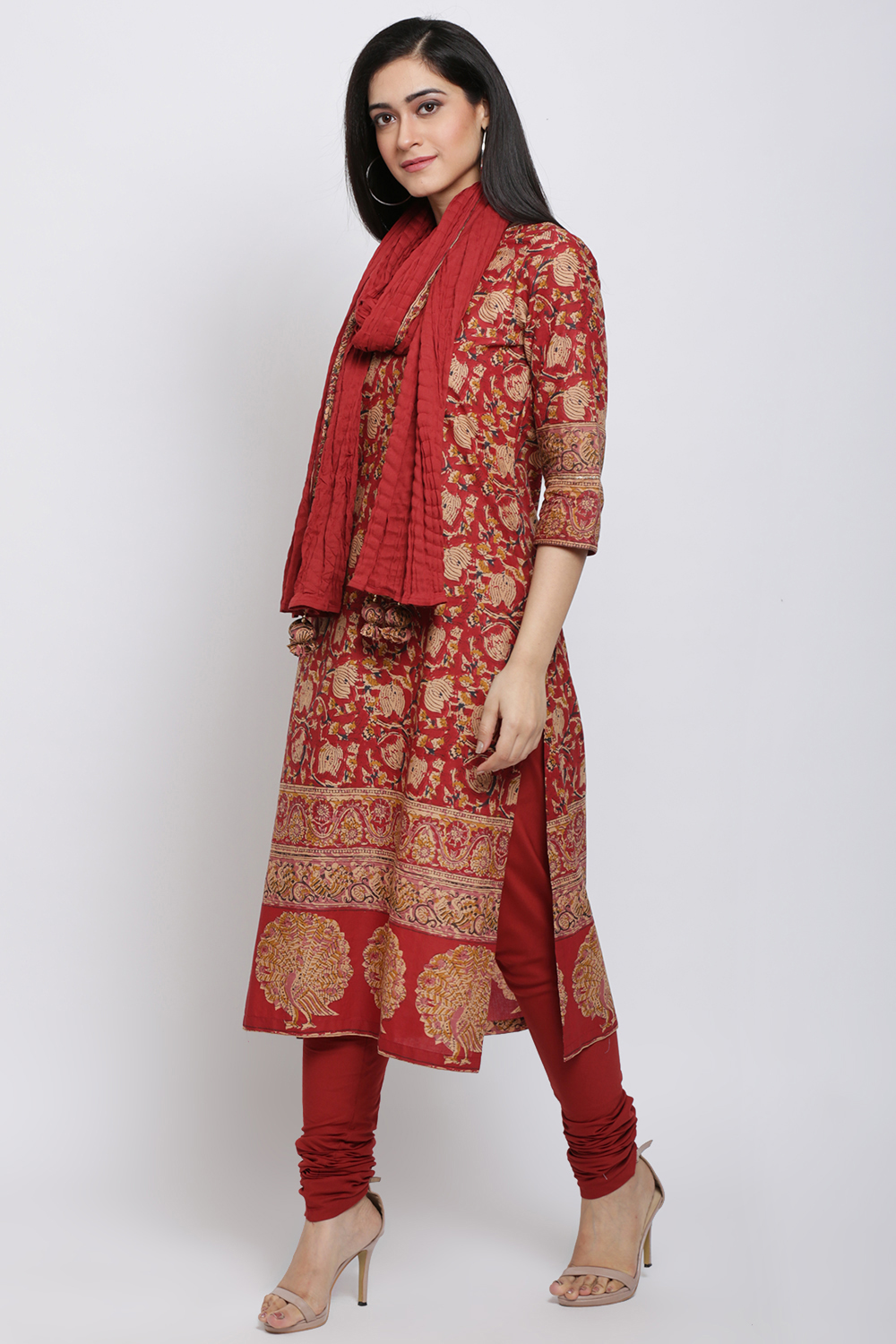 Red Cotton Straight Kurta Churidar Suit Set image number 3