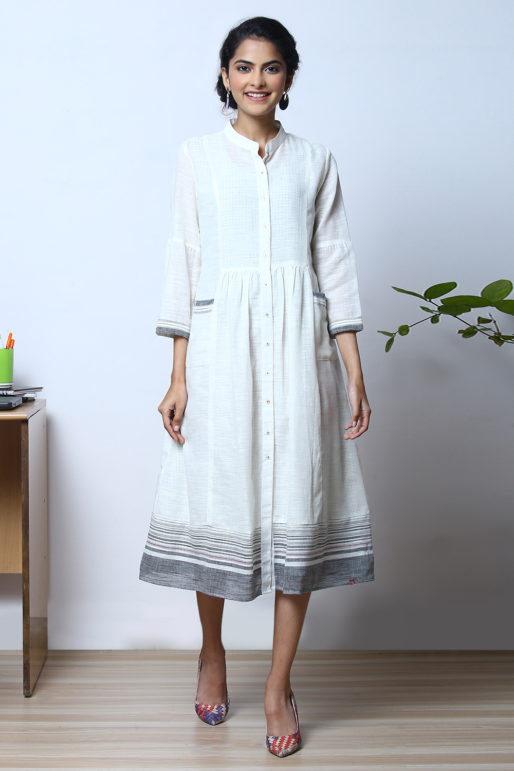 White Cotton A-Line  Yarndyed Kurta Dress image number 0