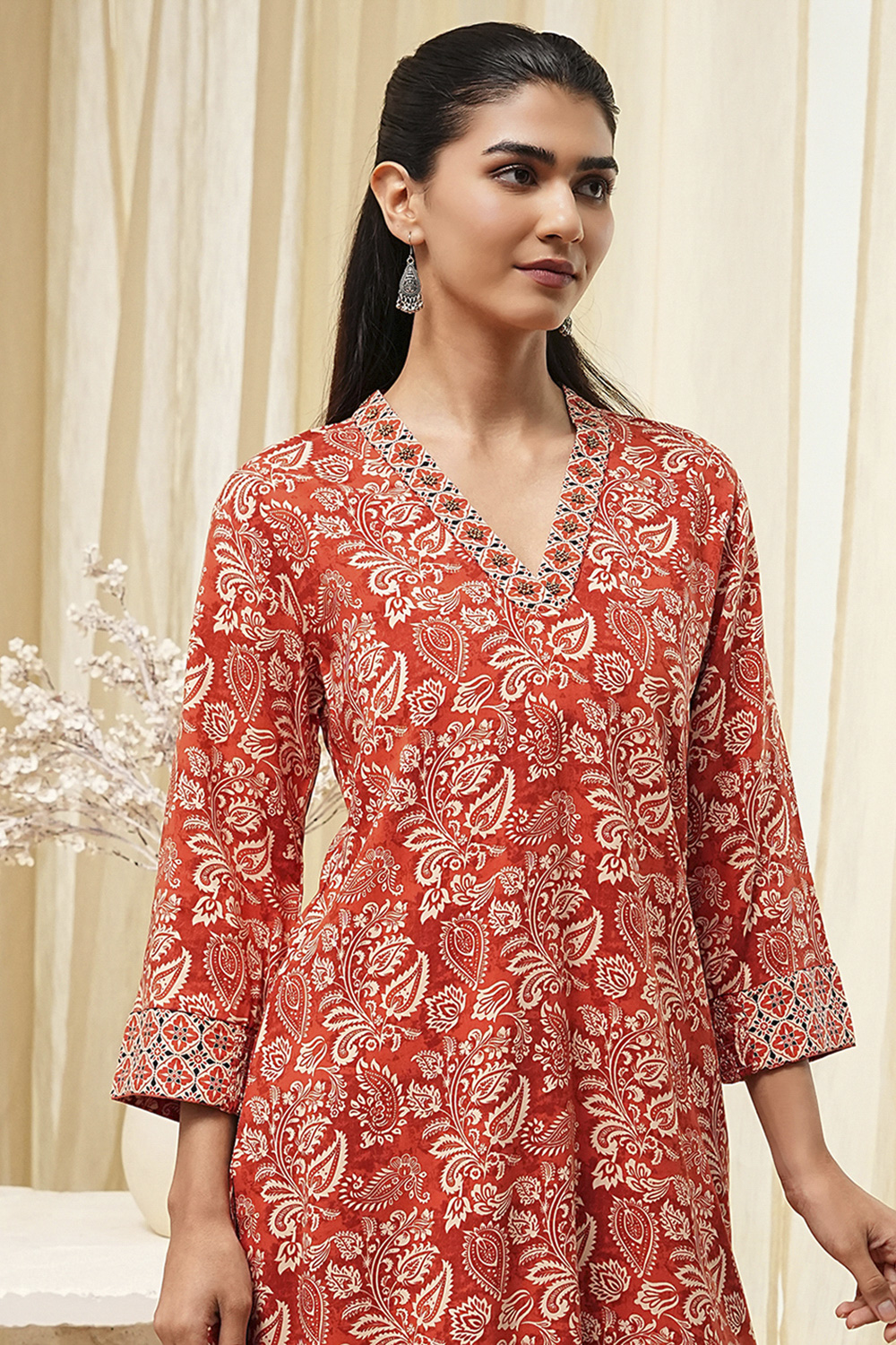 Rust Printed Straight Short Kurta image number 1