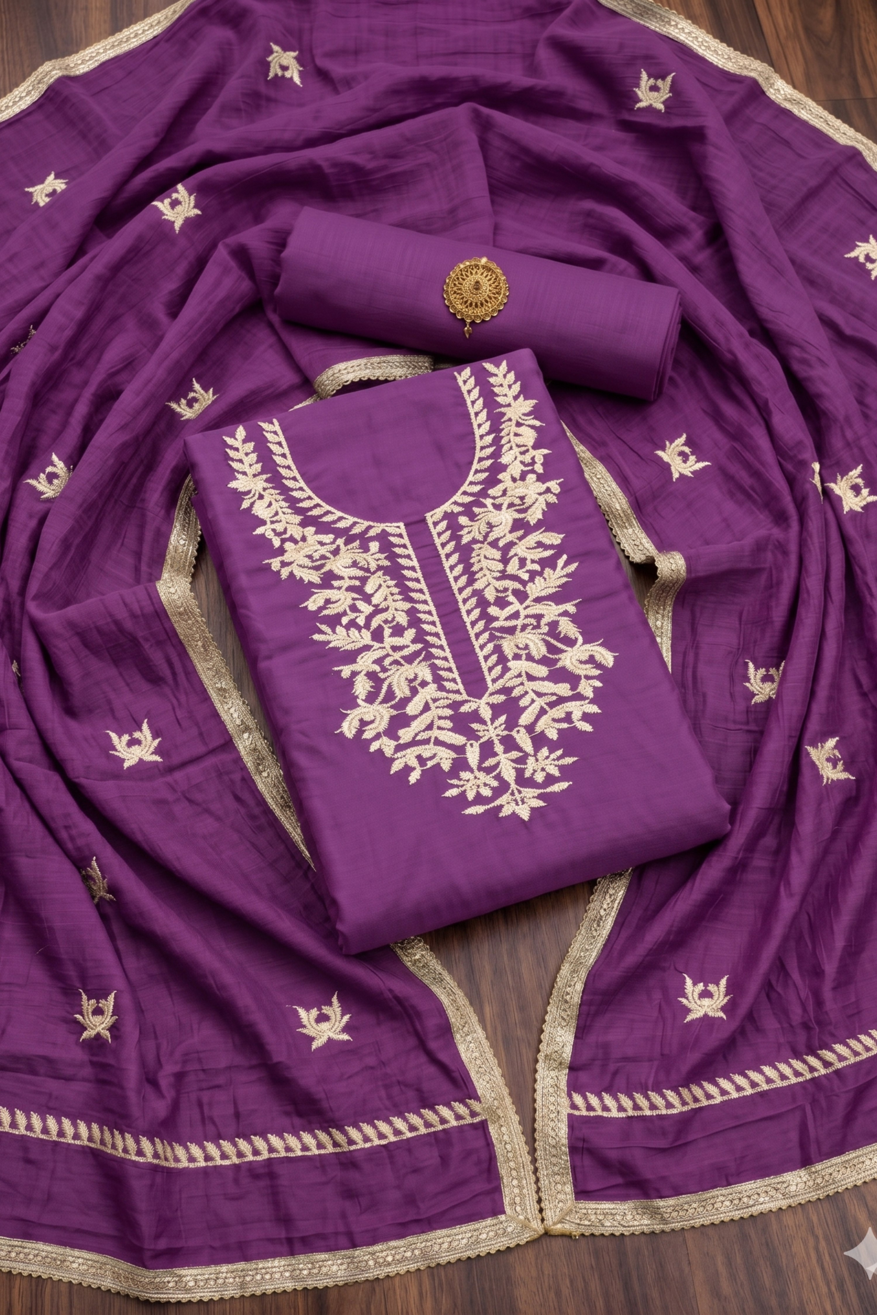 Green Chanderi Printed Unstitched Suit Set image number 0