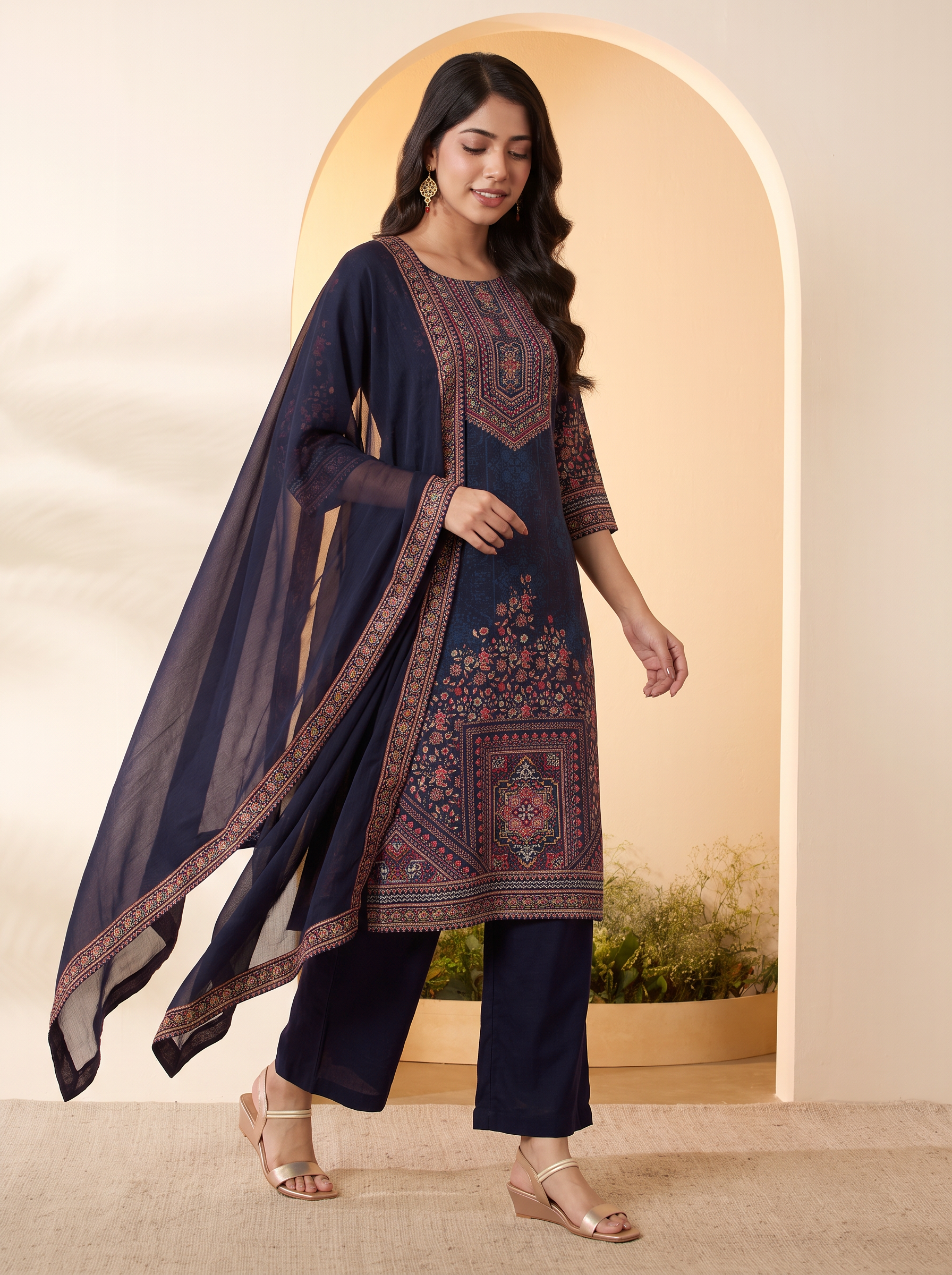 Blue Viscose Silk Printed Straight Kurta Set image number 5
