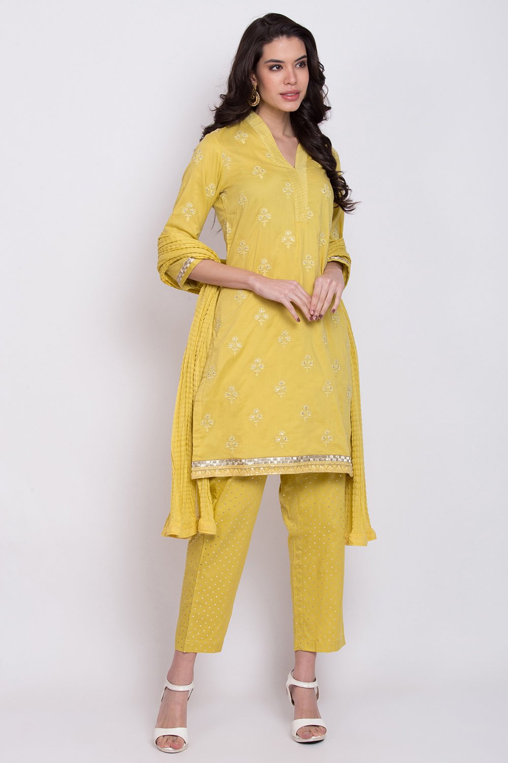 Yellow Cotton Straight Kurta Pant Suit Set image number 0