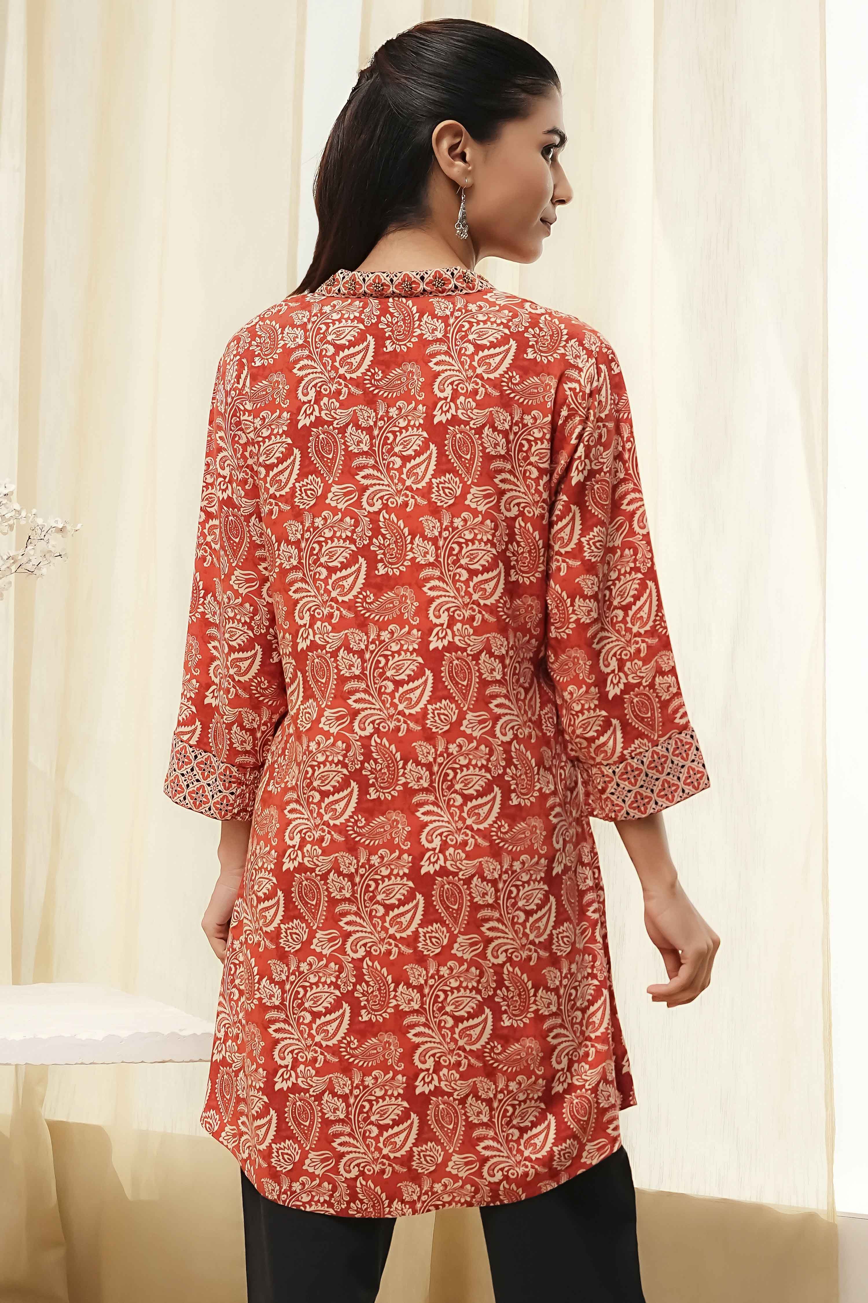 Rust Printed Straight Short Kurta image number 3
