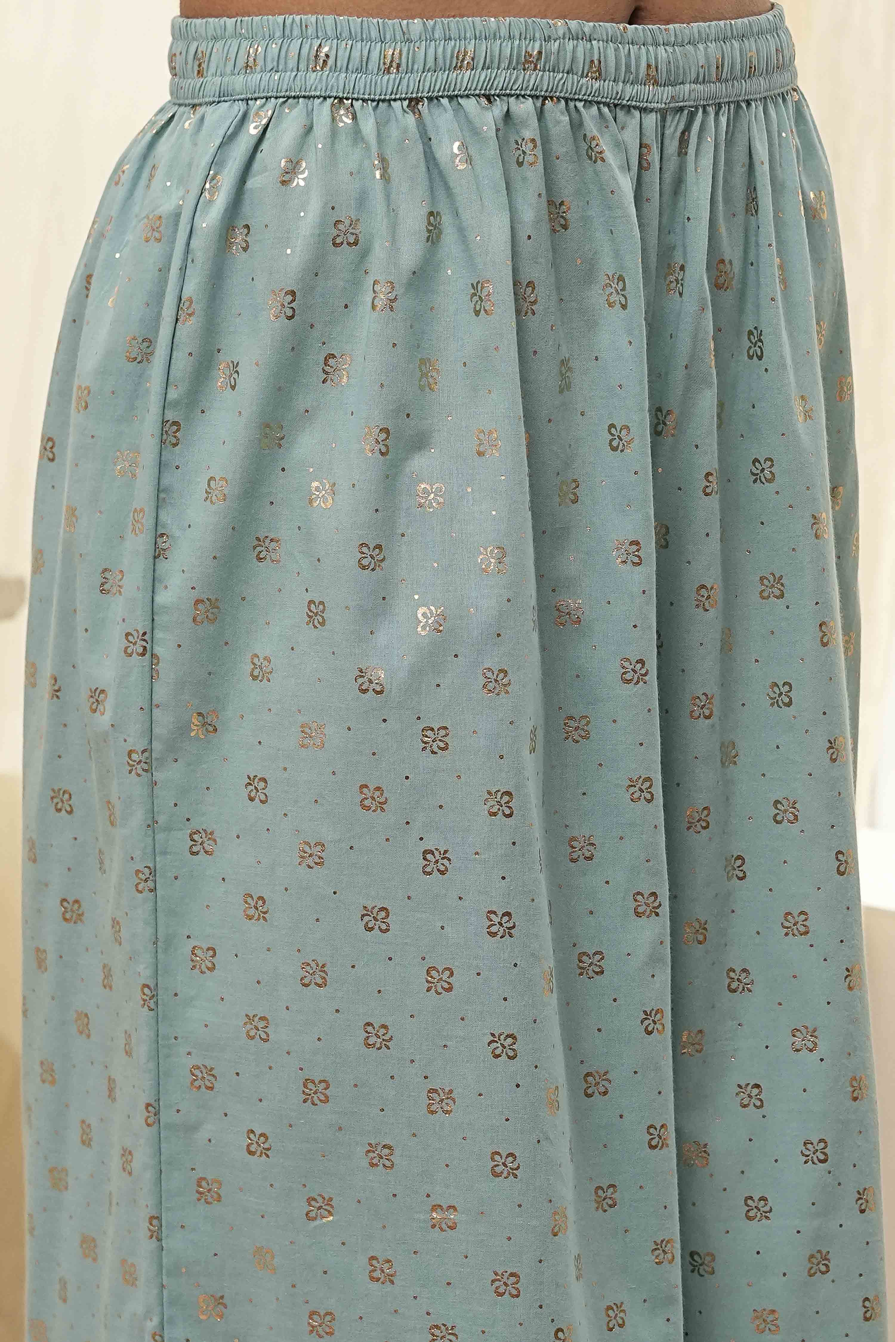 Dull Blue Cotton Embroidered Kalidar Suit Set image number 2