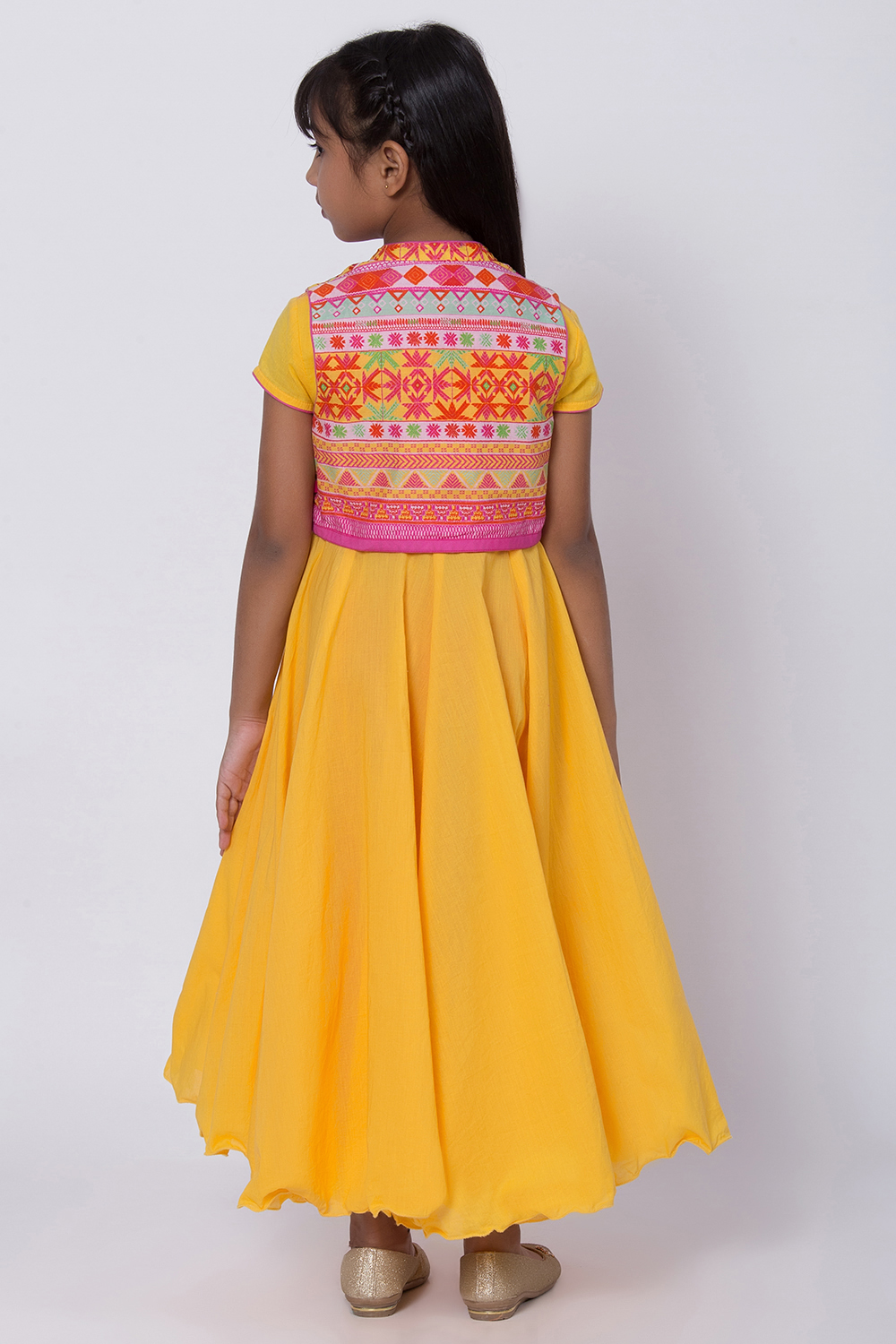 Yellow Cotton Anarkali Kurta Churidar Suit Set image number 5