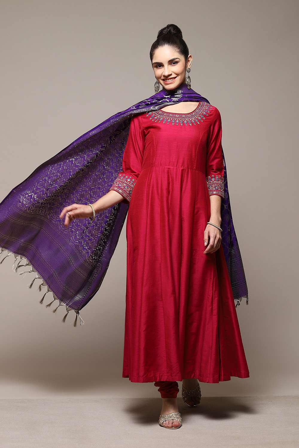 Magenta Poly Brocade Anarkali Yarndyed Kurta Churidar Suit Set image number 7