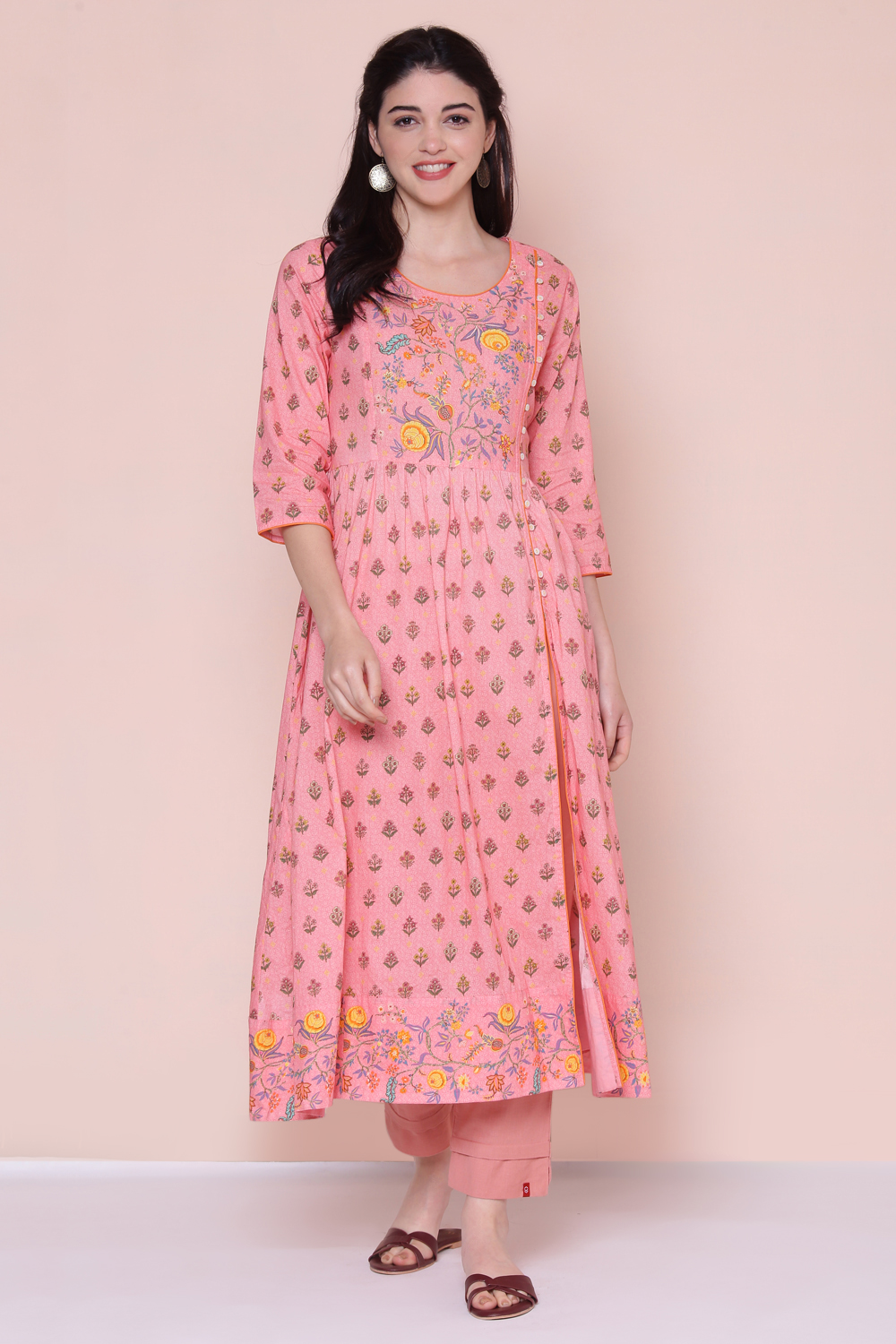 Pink Cotton High Slit Printed Kurta image number 4