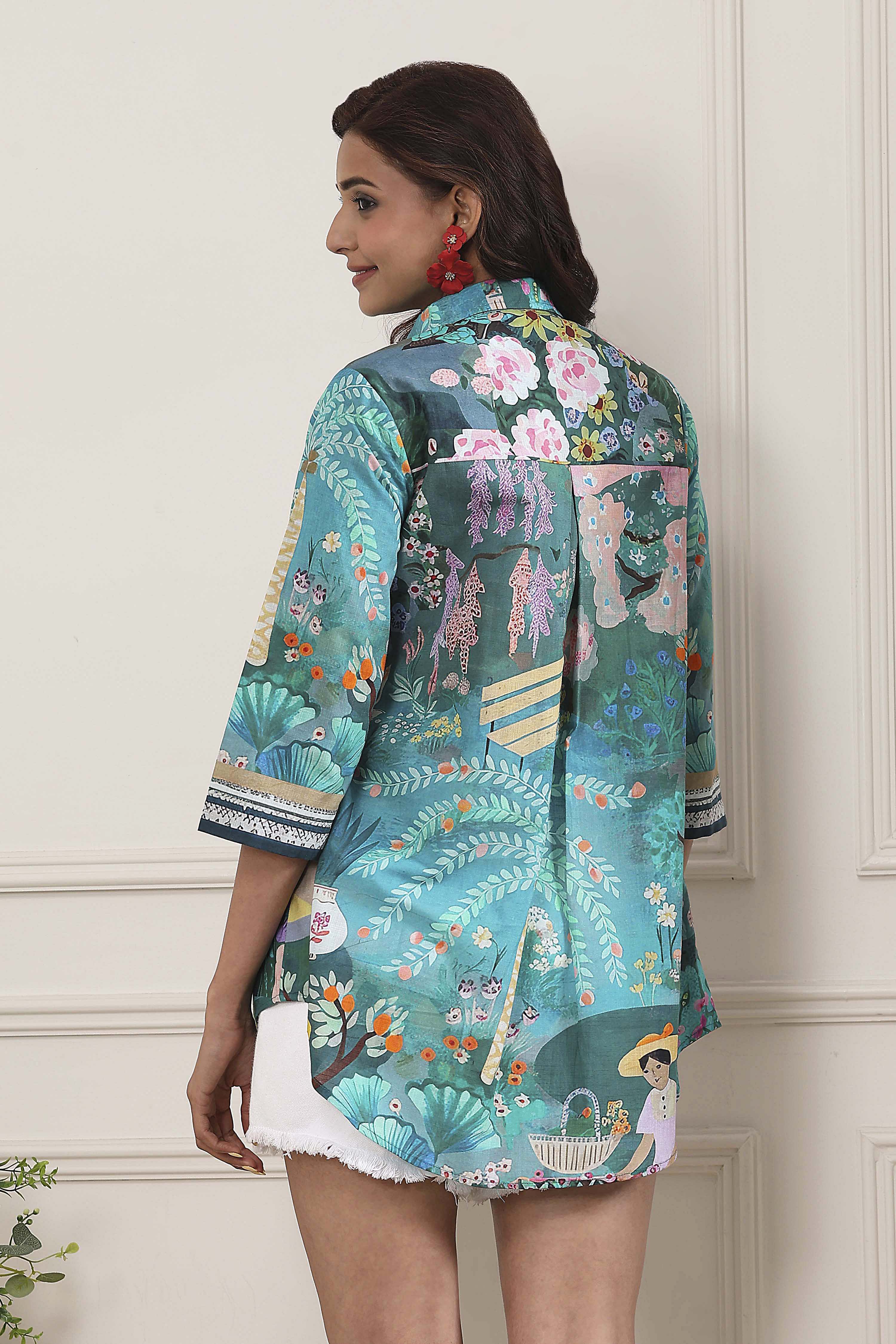 Green Cotton Printed Straight Shirt image number 3