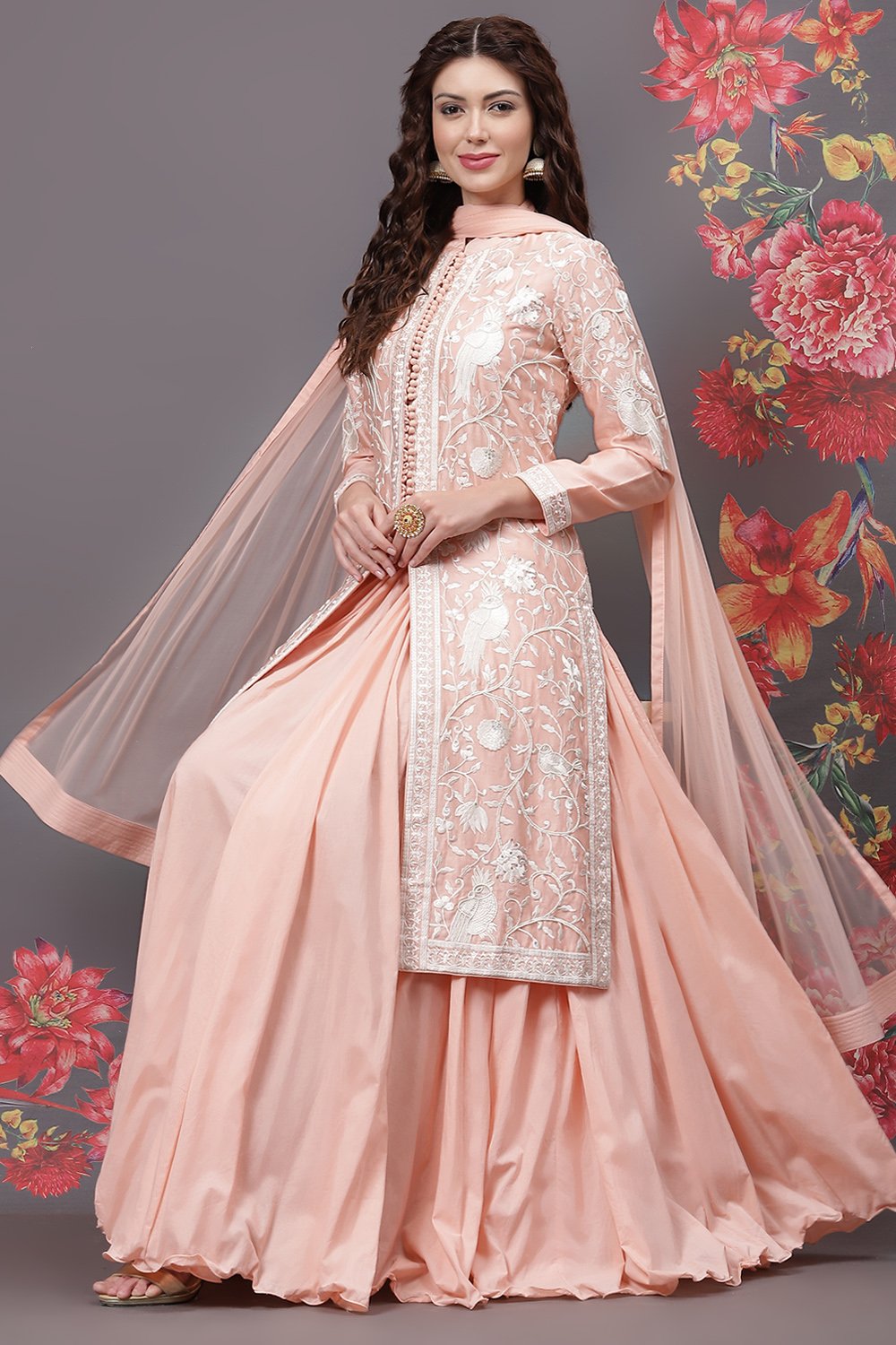 Rohit Bal Peach Cotton Silk Straight Yarndyed Suit Set image number 9