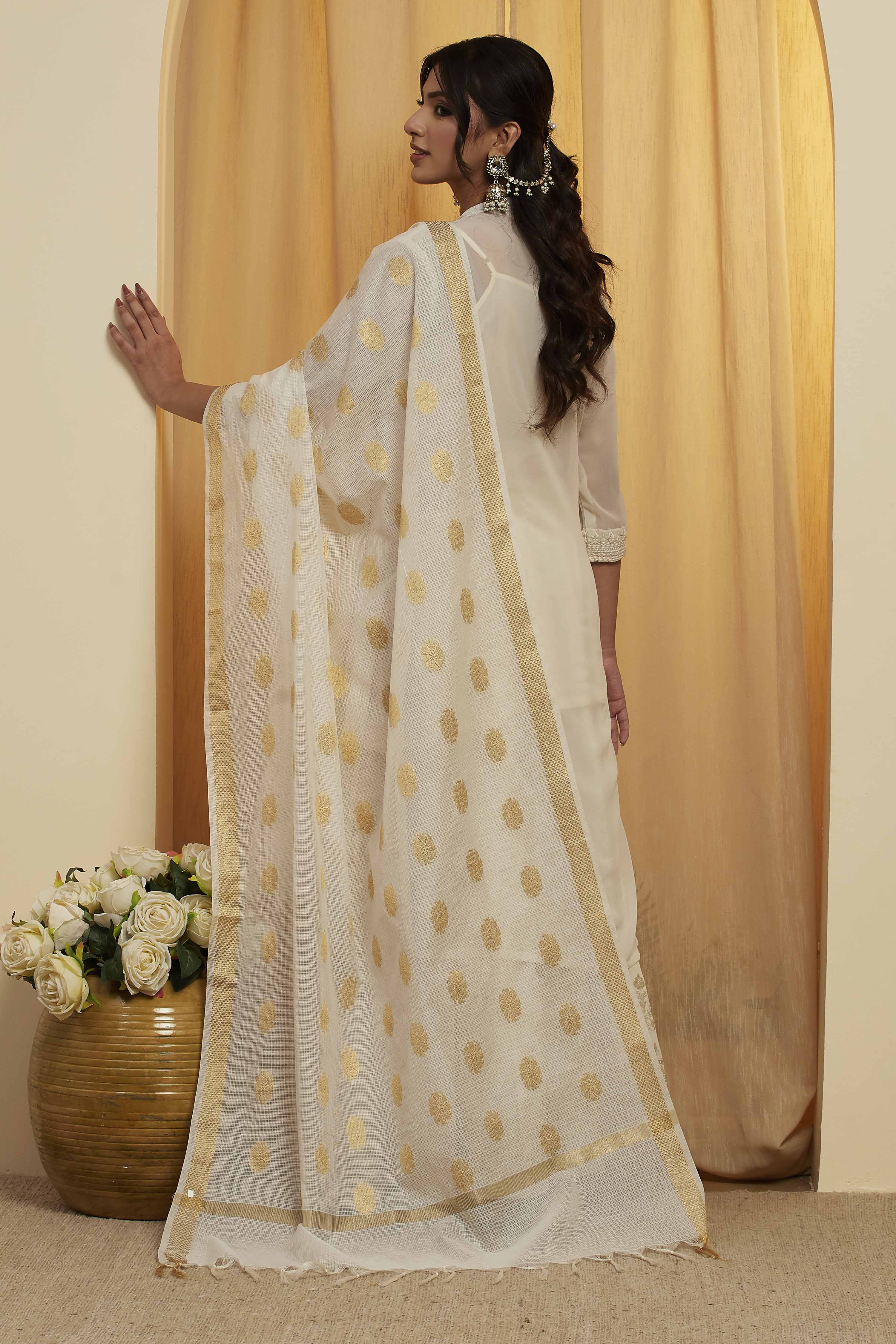 Off White & Gold Woven Design Tasseled Dupatta image number 3
