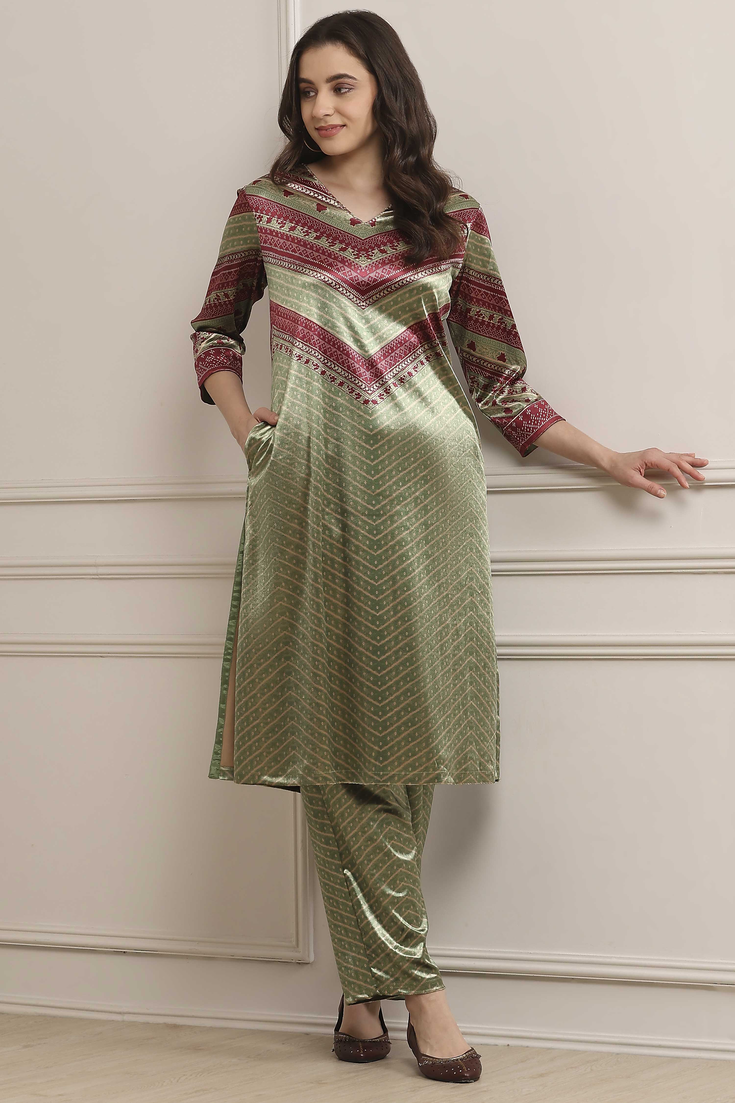 Mint Green Blended Straight Printed Kurta Pants Set image number 0