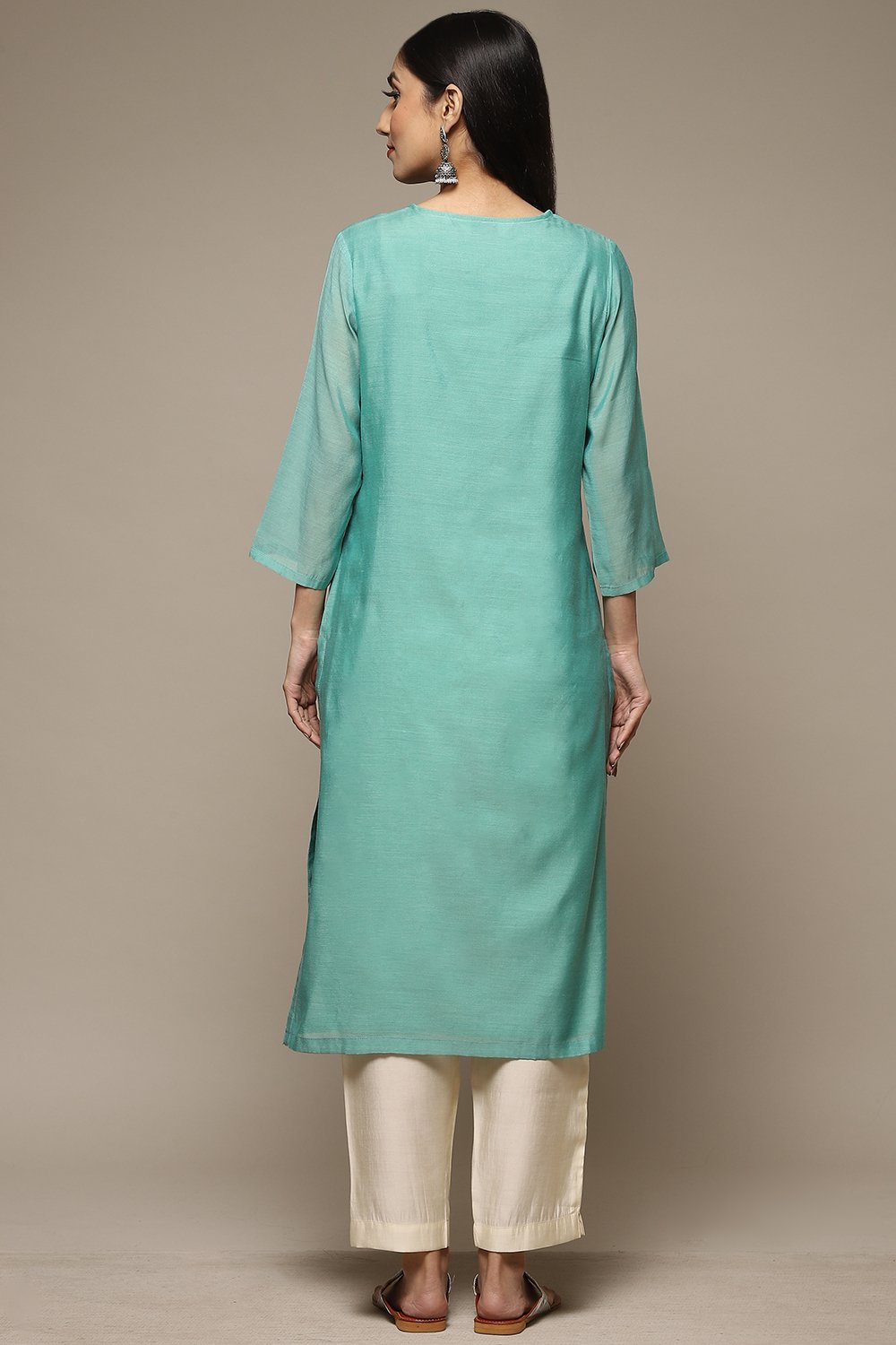 Sea Green Cotton Blend Straight Yarndyed Kurta image number 2