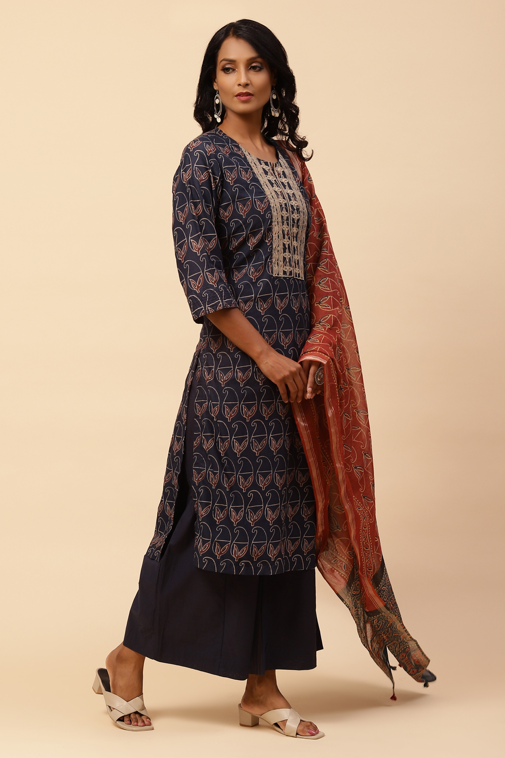 Indigo Cotton Straight Kurta Palazzo Suit Set image number 6