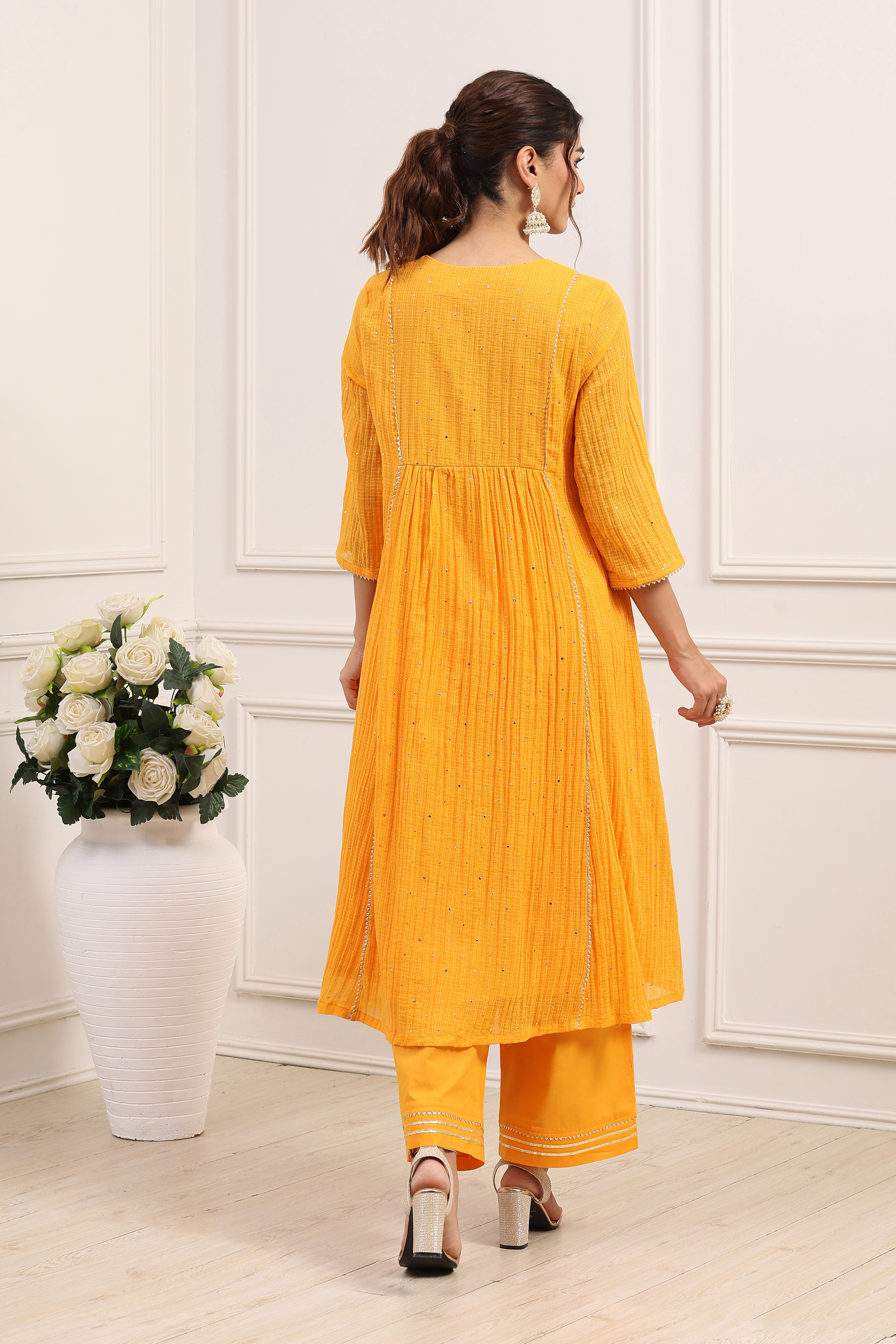 Yellow Cotton Anarkali Suit Set image number 4