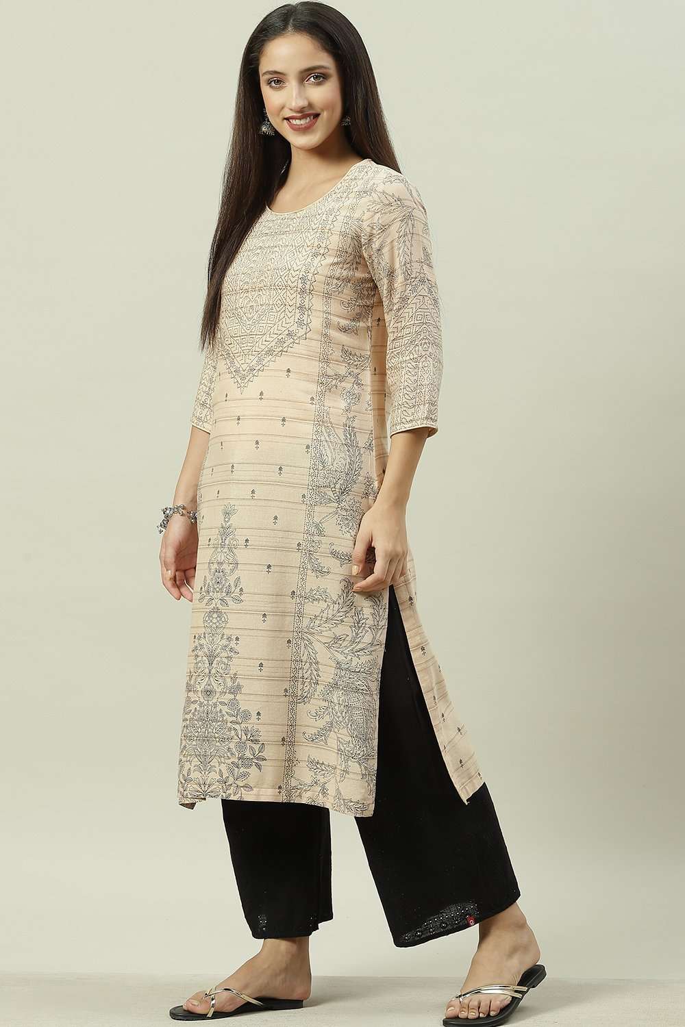 Beige LIVA Straight Printed Kurta image number 0