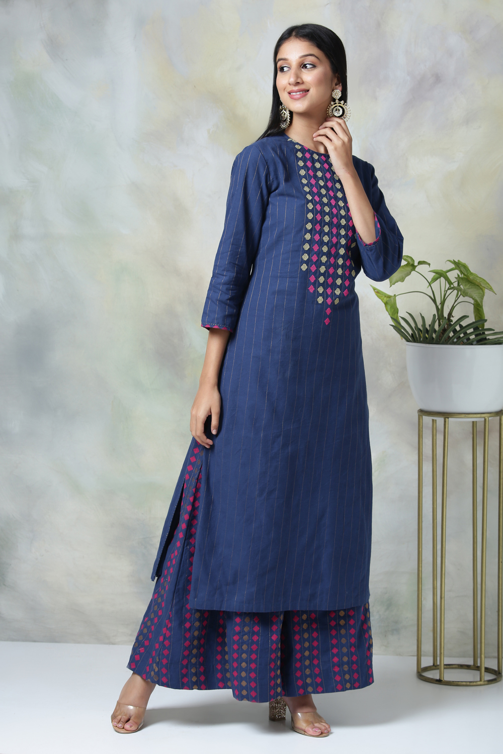 Navy Blue Metallic Cotton Straight Kurta Palazzo Suit Set image number 3