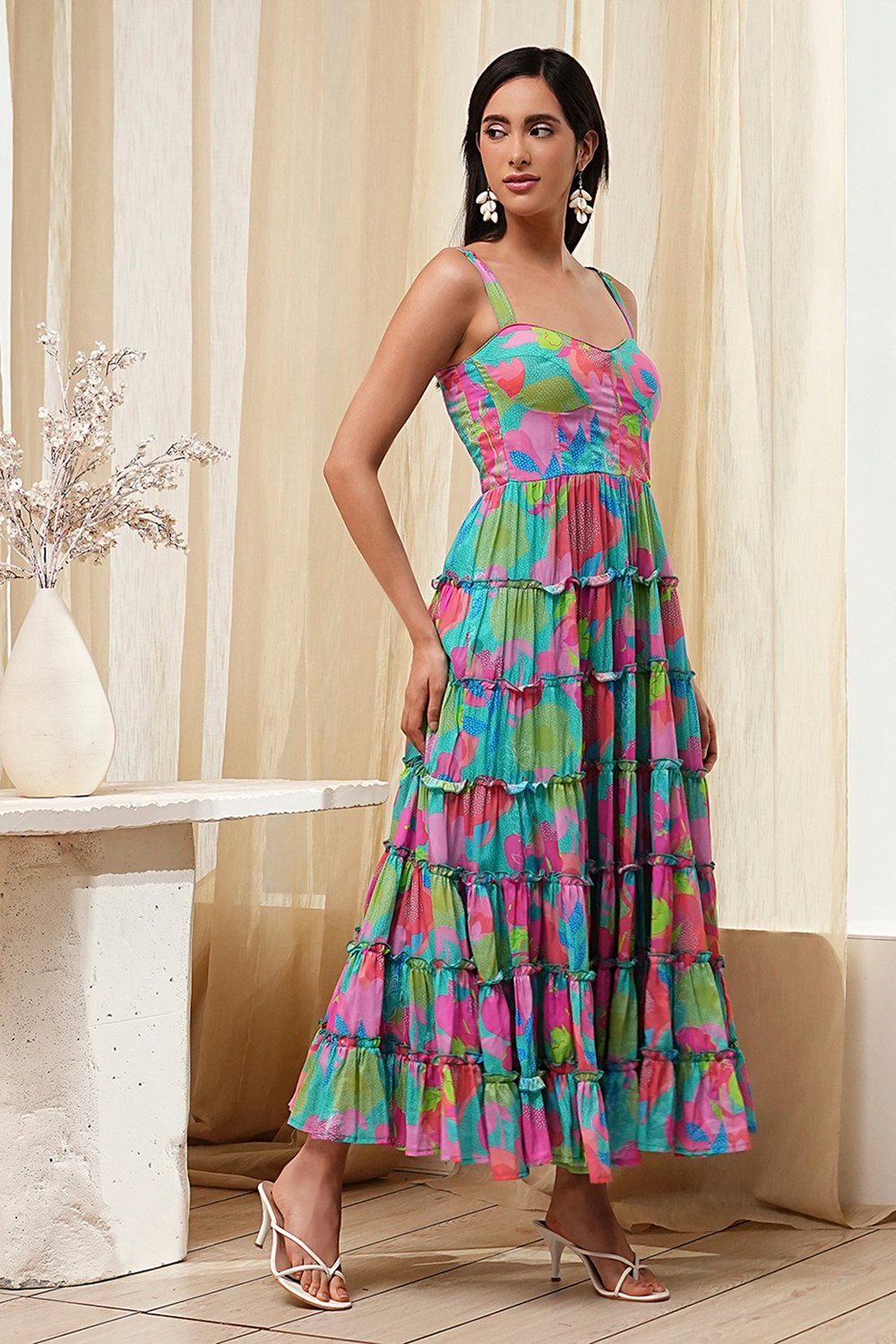 Turquoise Cotton Floral Printed Tiered Dress image number 4