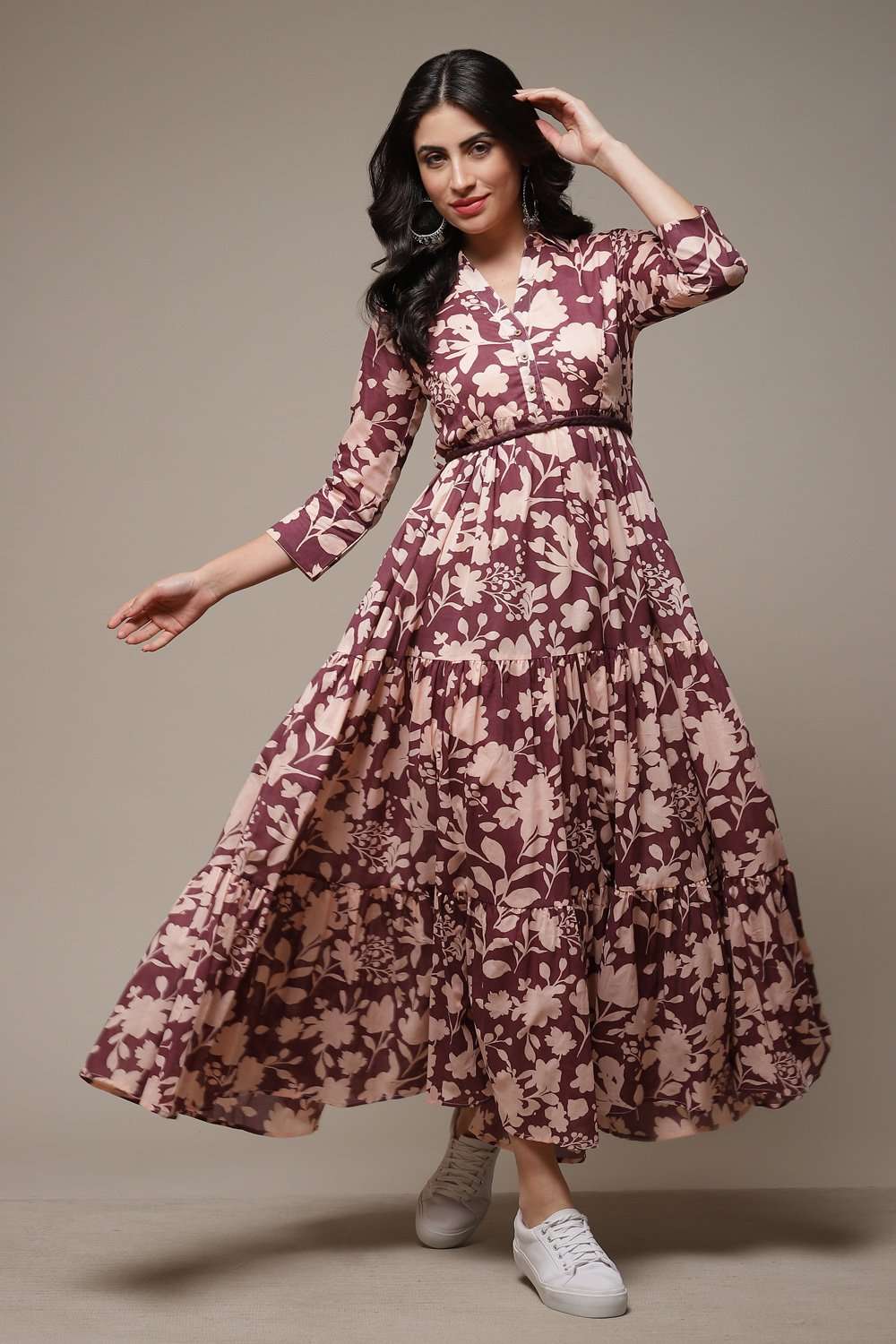 Purple Cotton Tiered Printed Dress | Biba India