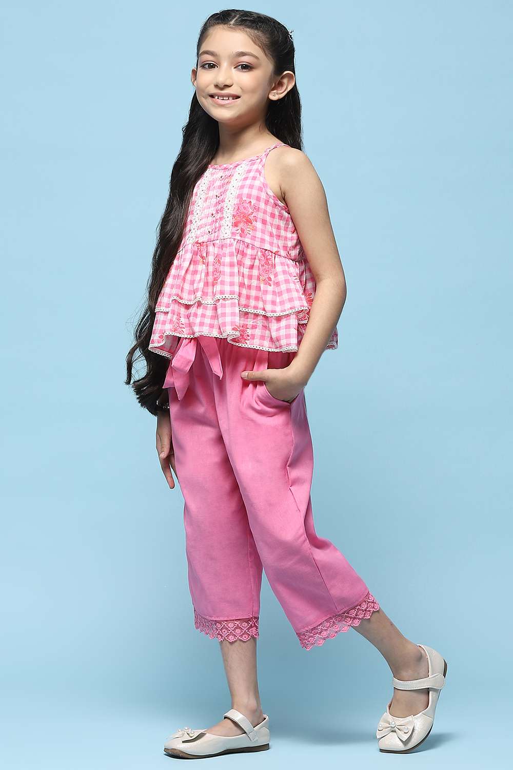 Strappy Pink Embroidered Cotton Top With Pink Solid Pant  image number 0