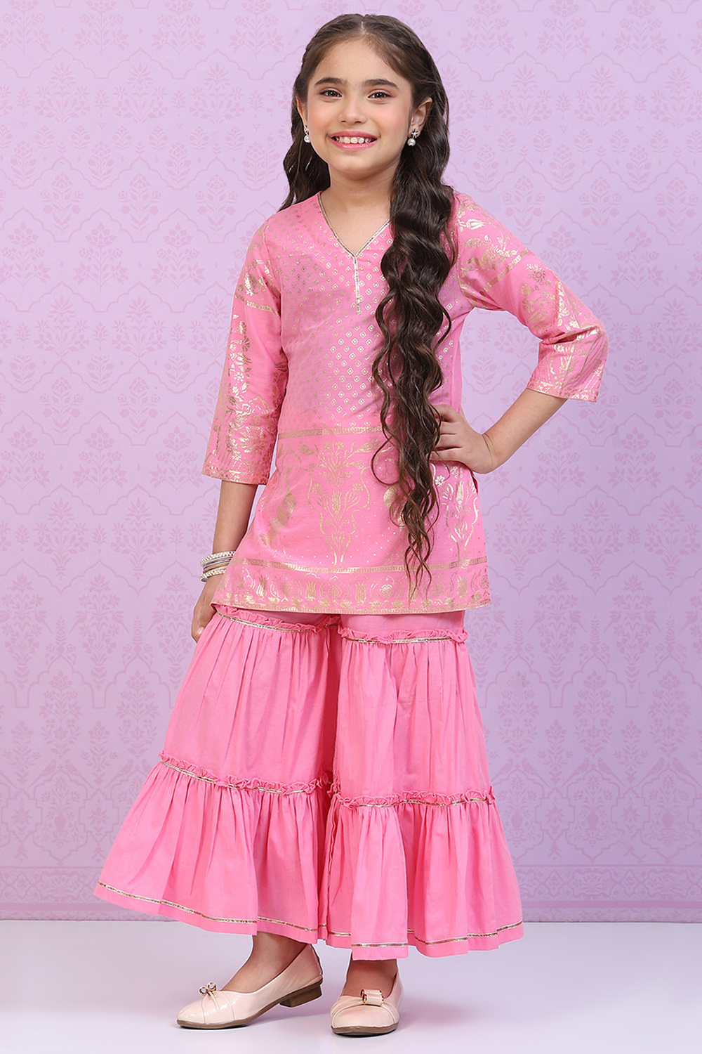 Pink Cotton A-Line Printed Kurta Set image number 0