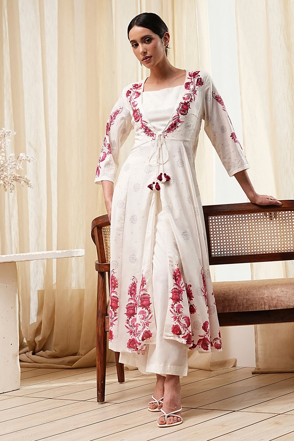 Off-White and Red Anarkali Fusion Set image number 0