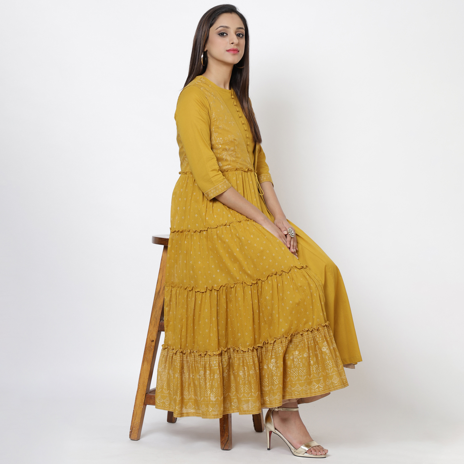 Mustard Cotton Flared Printed Kurta image number 0