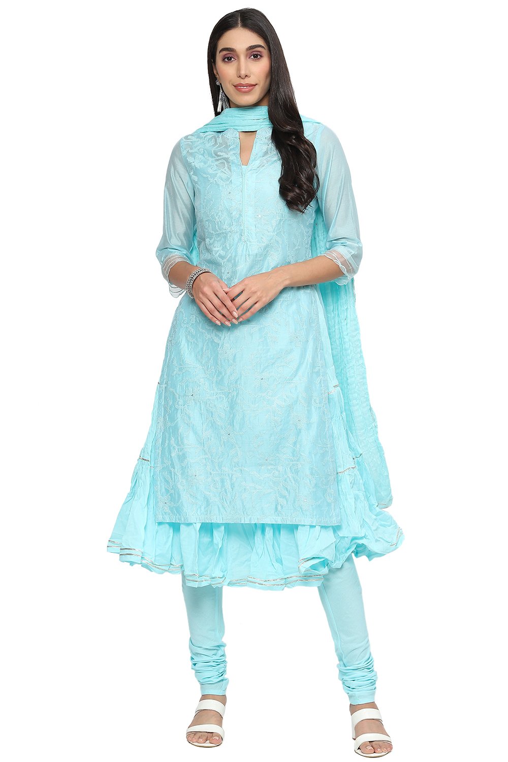 Turquoise Cotton Blend Layered Kurta Churidar Suit Set image number 0