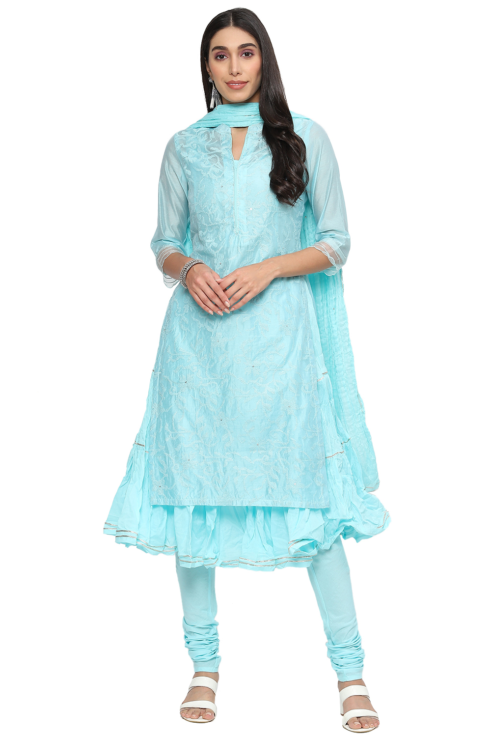 Off White Cotton Blend Layered Kurta Churidar Suit Set image number 0