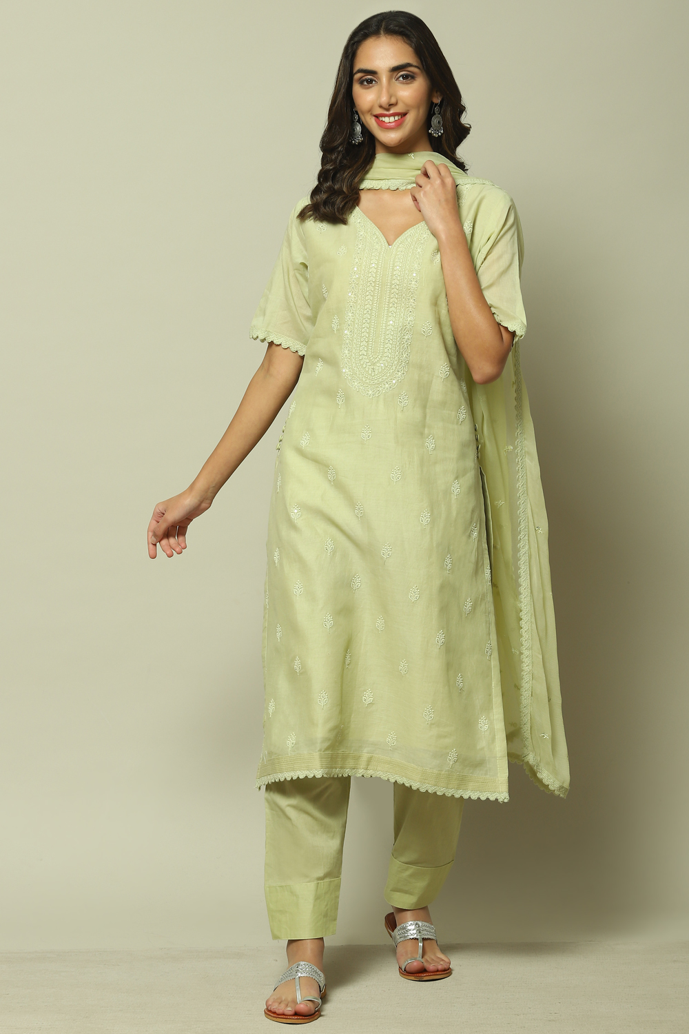 Green Cotton Machine Embroidered Unstitched Suit Set image number 1