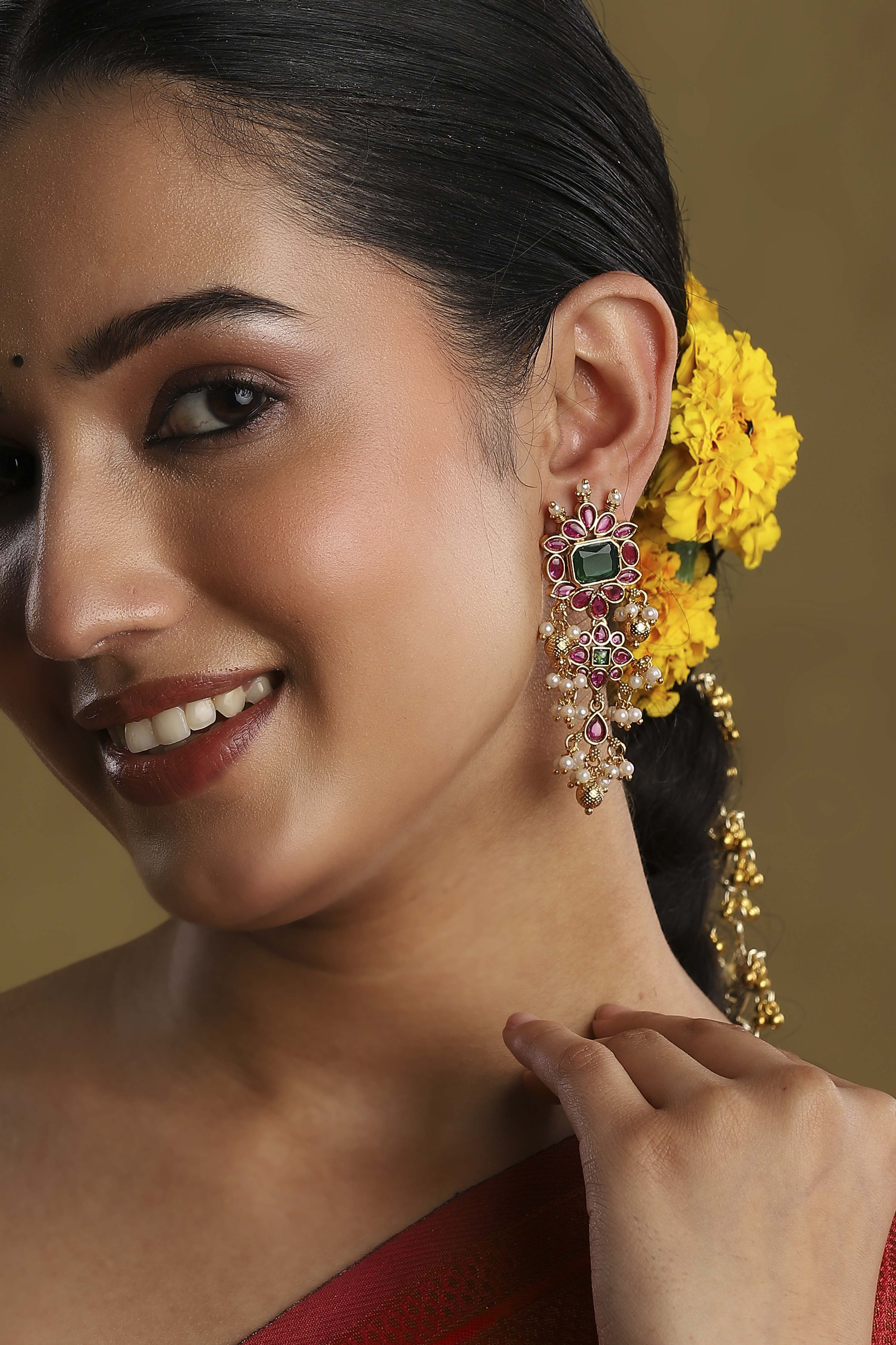Multicolour Gold Plated Brass Studded Drop Earrings image number 1