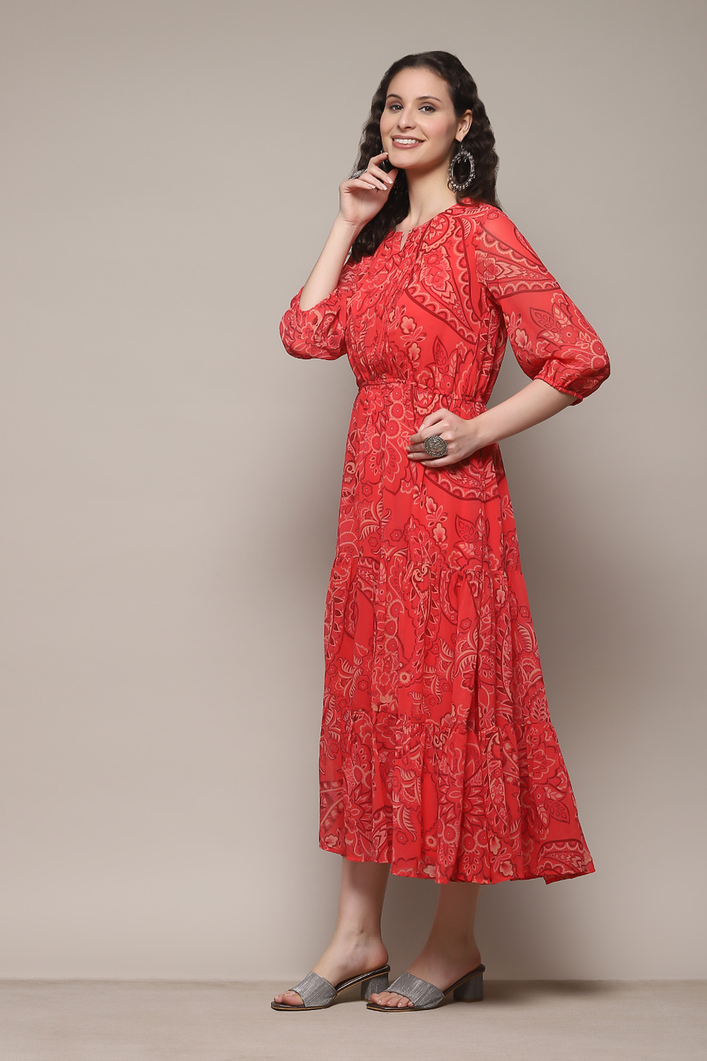 Blue Polyester Tiered Printed Dress image number 5