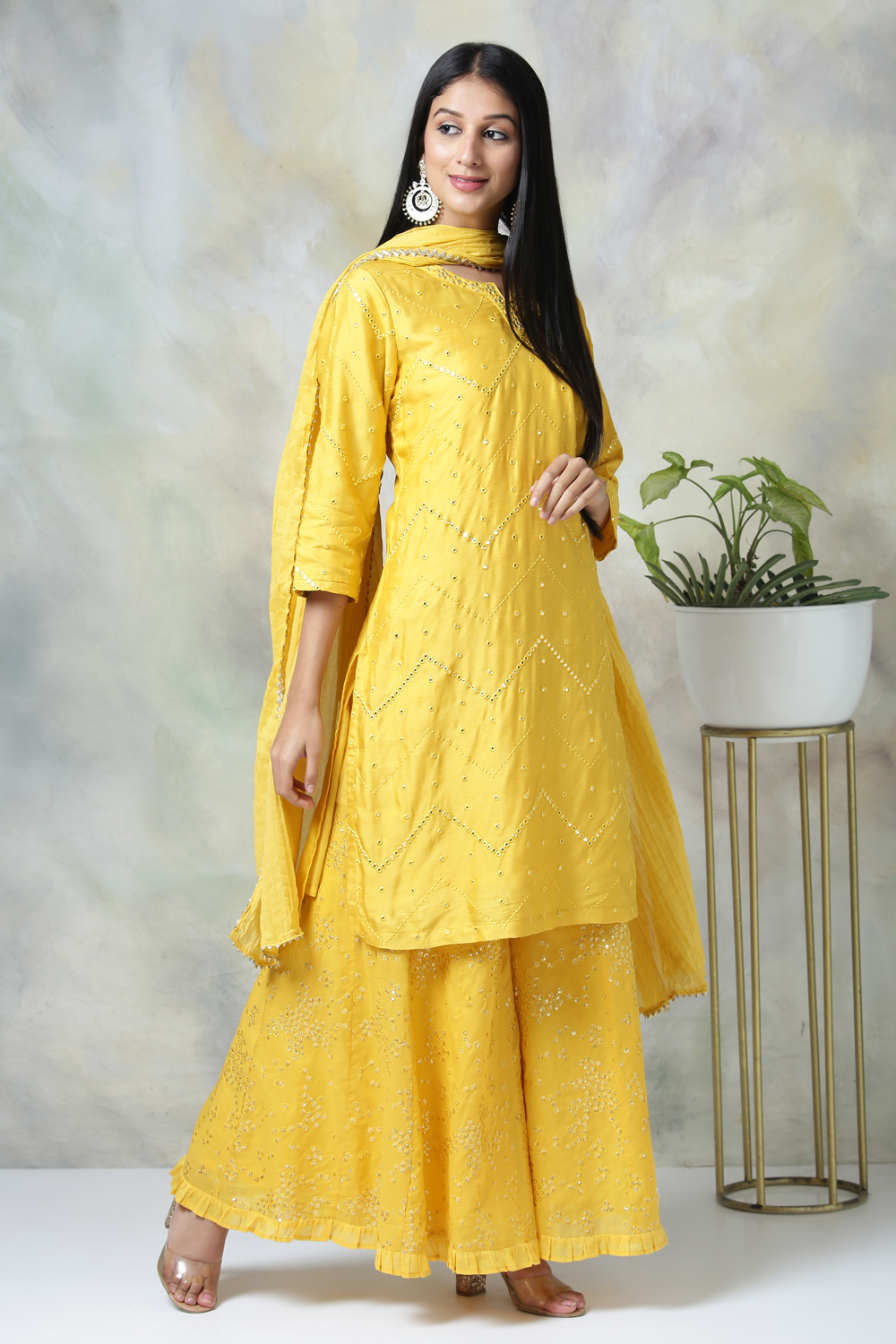 Yellow Viscose Kurta Garara Suit Set image number 0