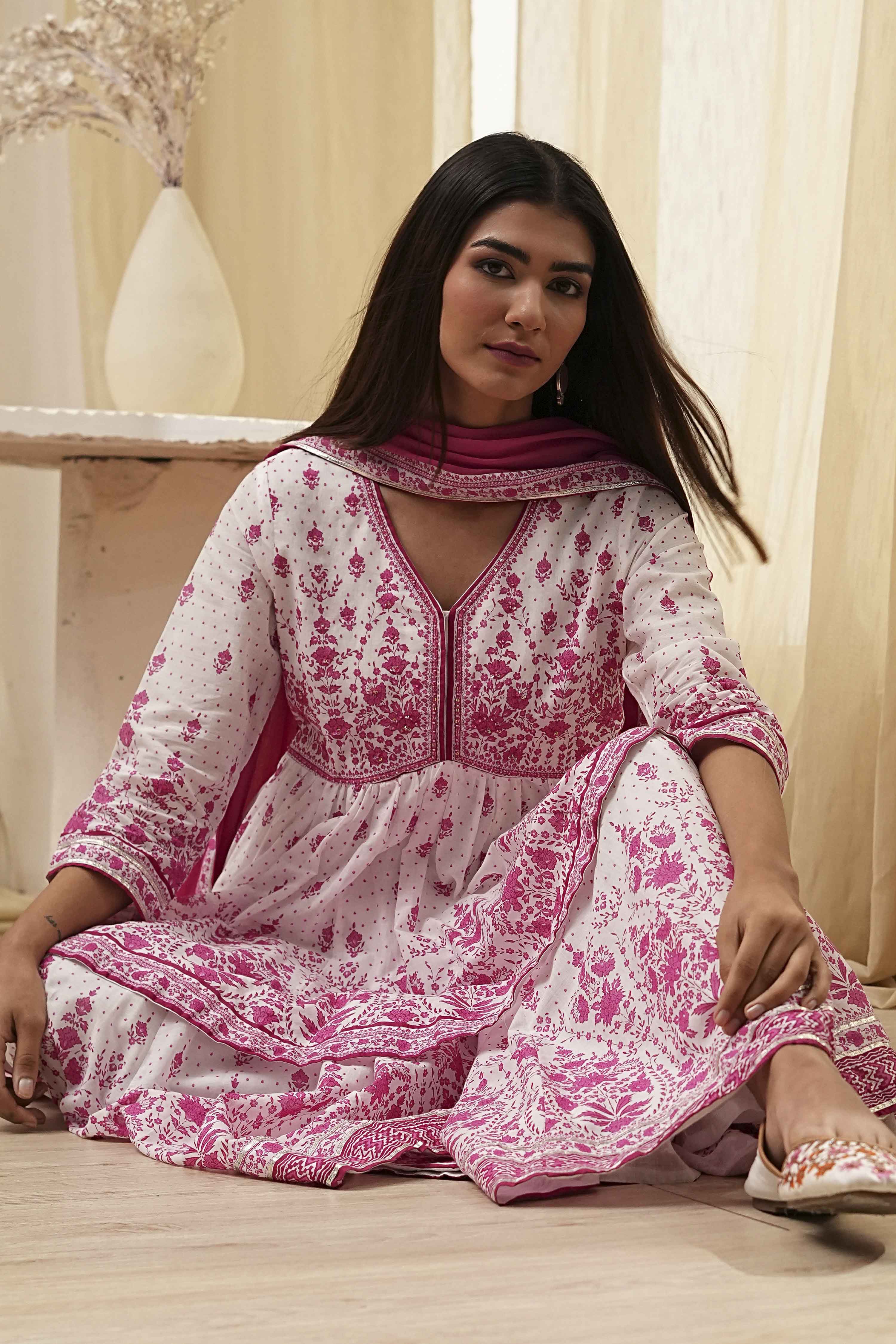 Off-White and Pink Cotton Peplum Suit Set image number 0