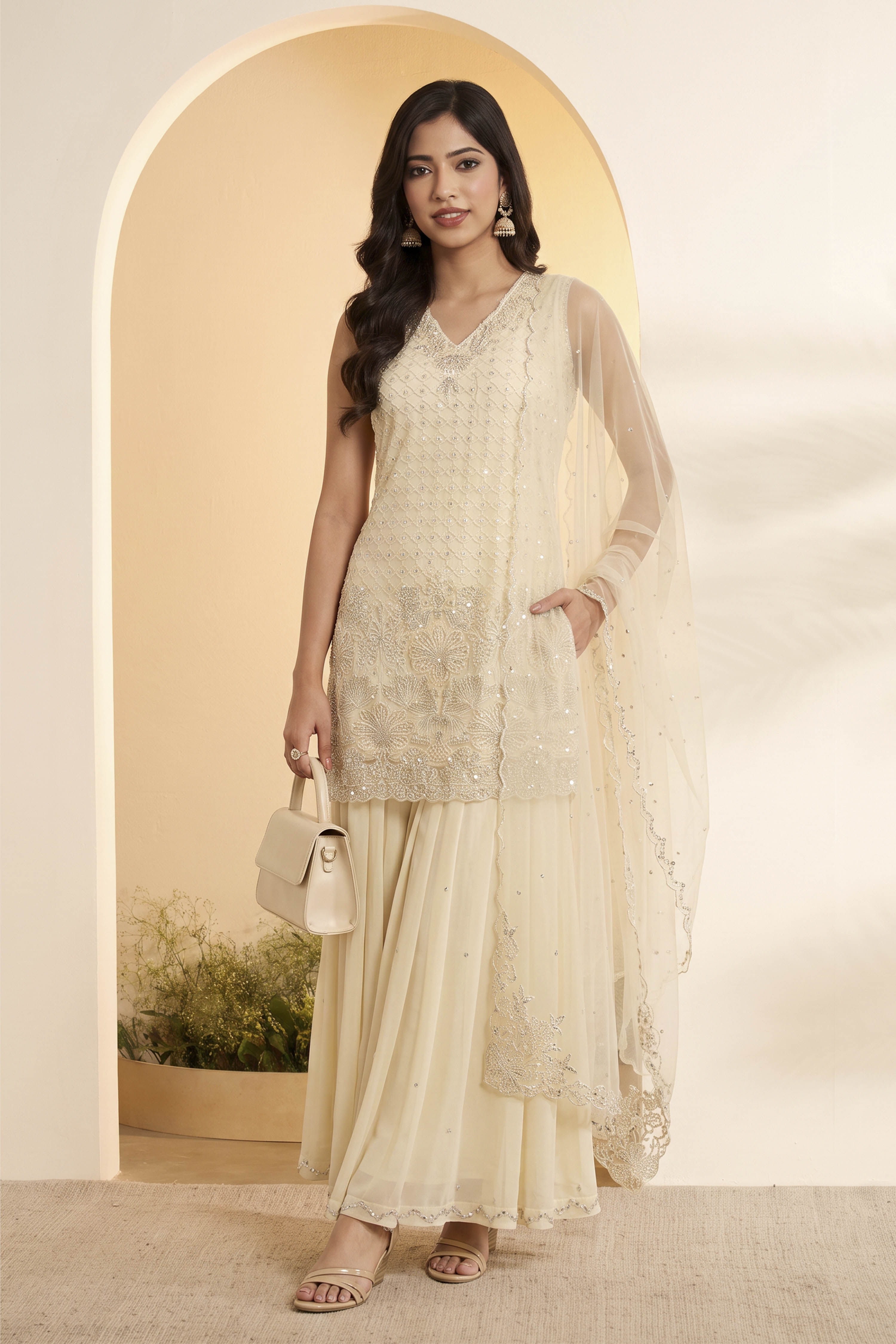 Ivory Embroidered Sharara Set with Net Dupatta image number 0