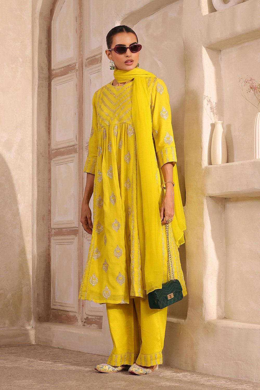 Lime Yellow Chanderi Straight Dyed Suit Set image number 3