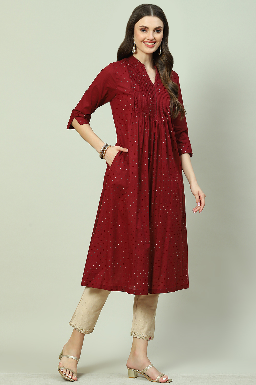 Maroon Cotton A-Line Printed Kurta image number 2