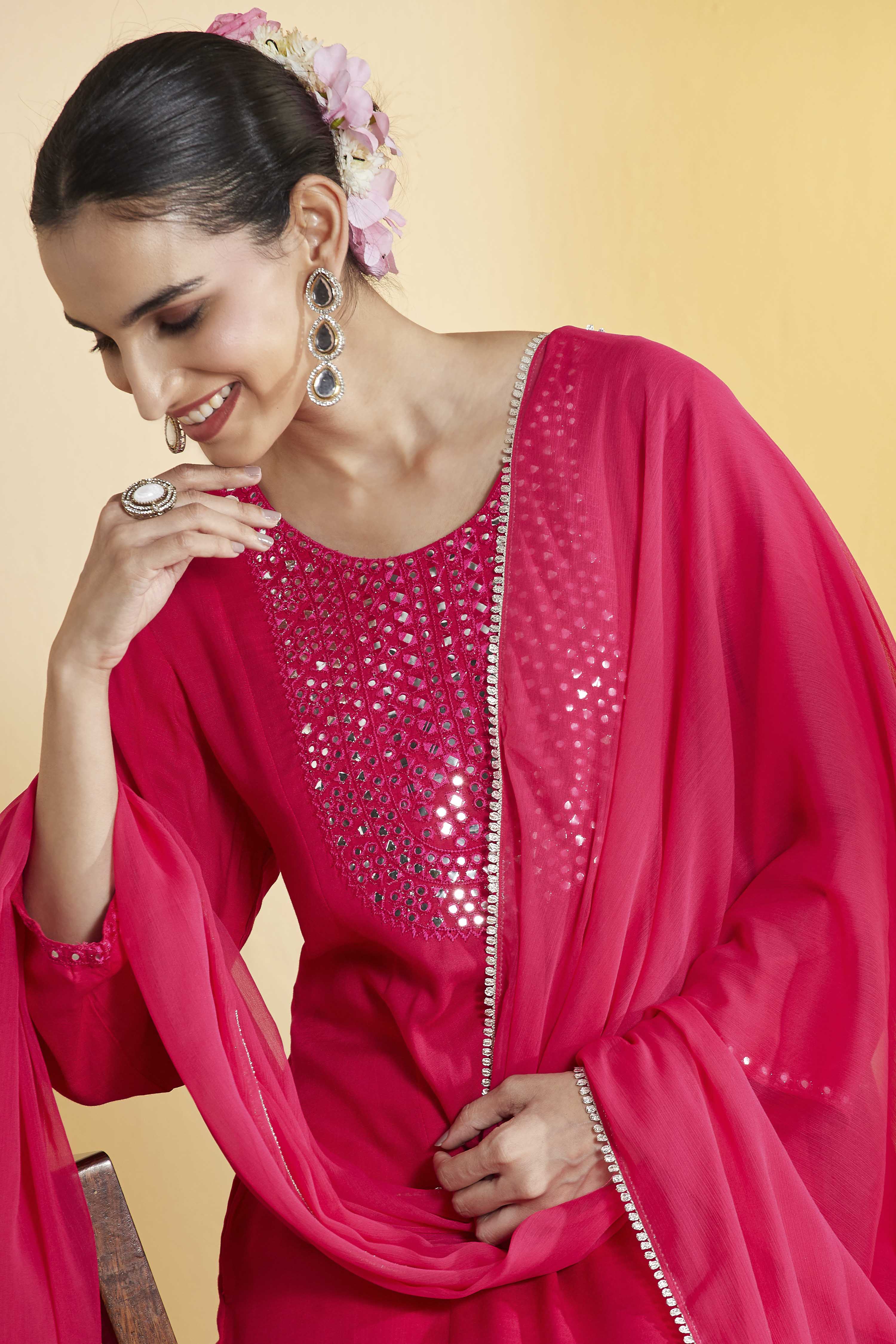 Fuchsia Viscose Rayon Embellished Yoke Straight Kurta Set image number 1