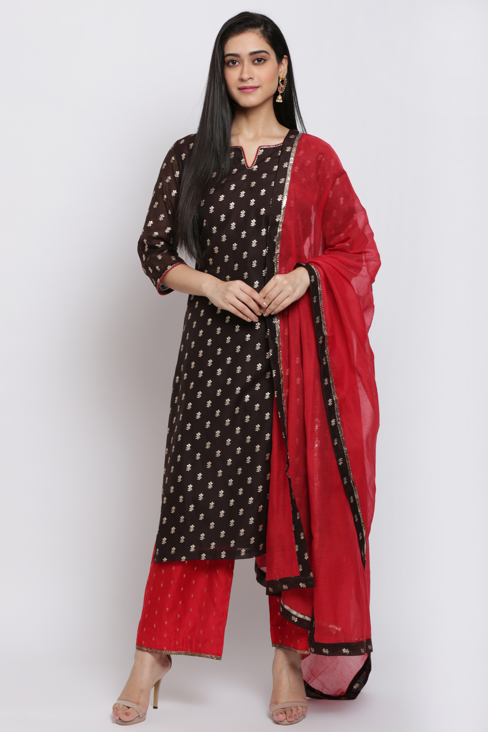 Brown And Red Art Silk Straight Kurta Palazzo Suit Set image number 0
