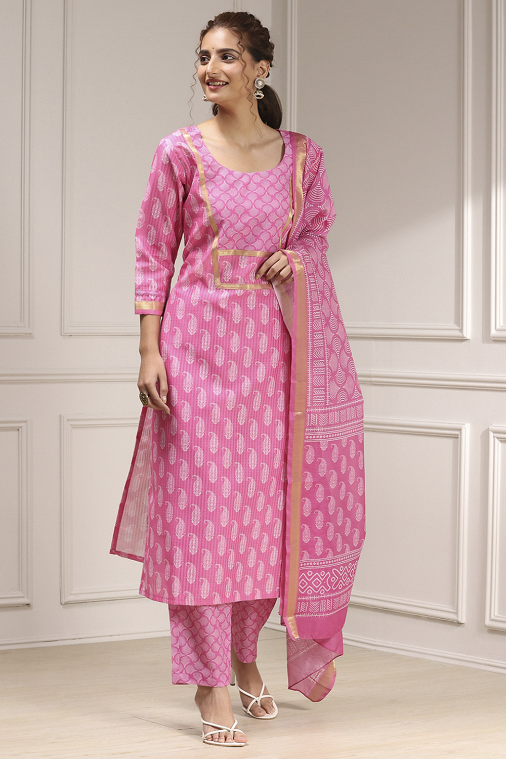 Blue Cotton Digital Print Unstitched Suit Set image number 1